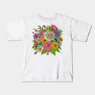 Roses and Colorful Flowers Pattern. Hand Drawn Floral Print Kids T-Shirt